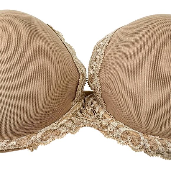 Natori Tan Beige Lace Mesh Adjustable Strap V-Neck Plunge Lined Lingerie Bra - Picture 4 of 6